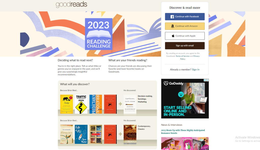 Screenshot of Goodreads dashboard