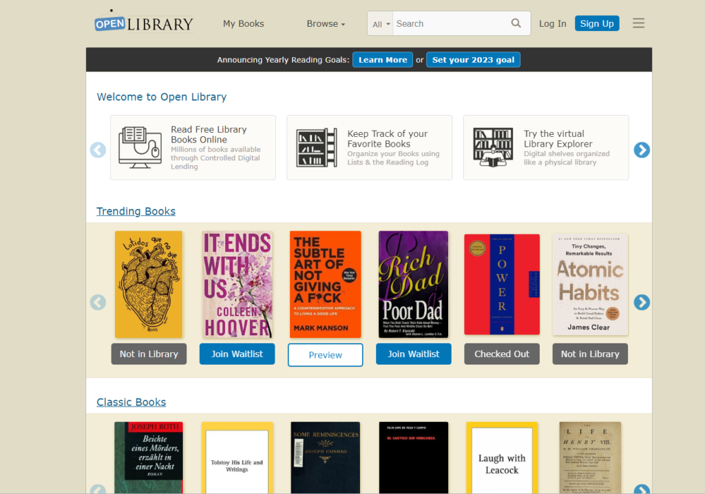 Screenshot of Open Librarys dashboard