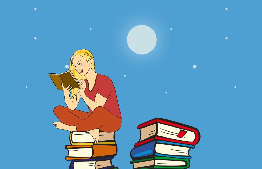 A woman reading a book happily on a stack of books underneath the moon